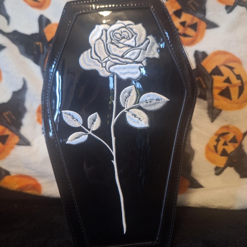 DOLLSKILL Black Coffin-Shaped Bag with White Rose Embroidery